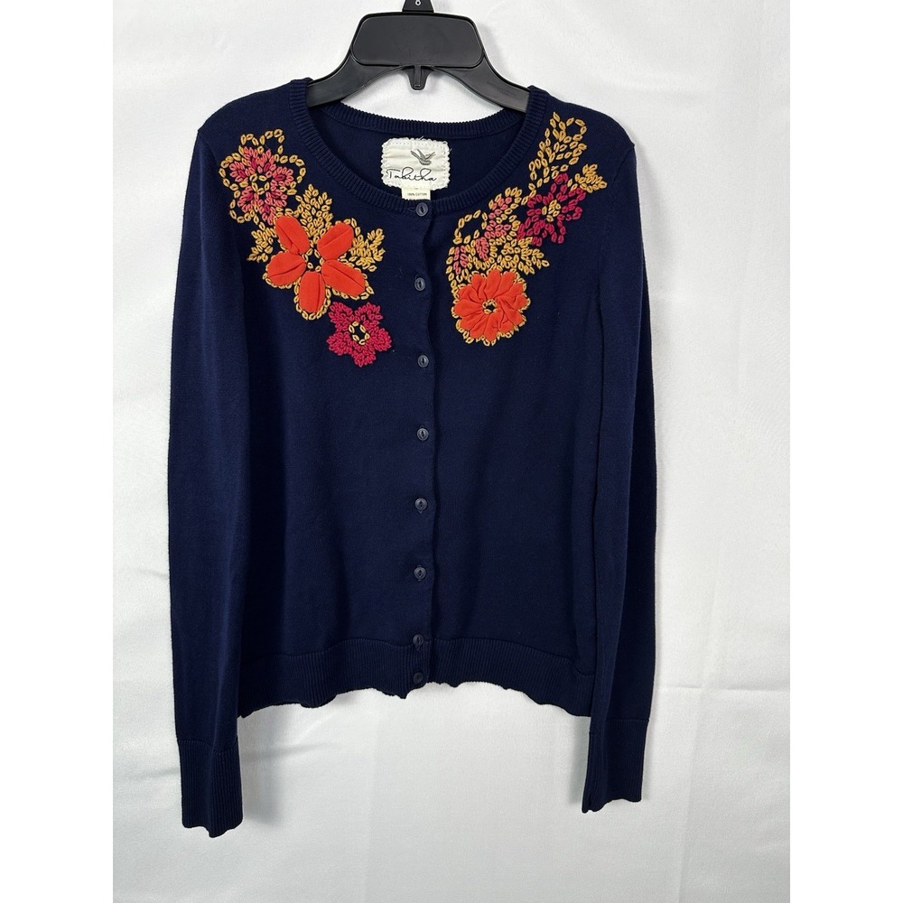 Tabitha Anthropologie Posey Patch Cardigan Sweater S Embroidered Floral NavyBlue